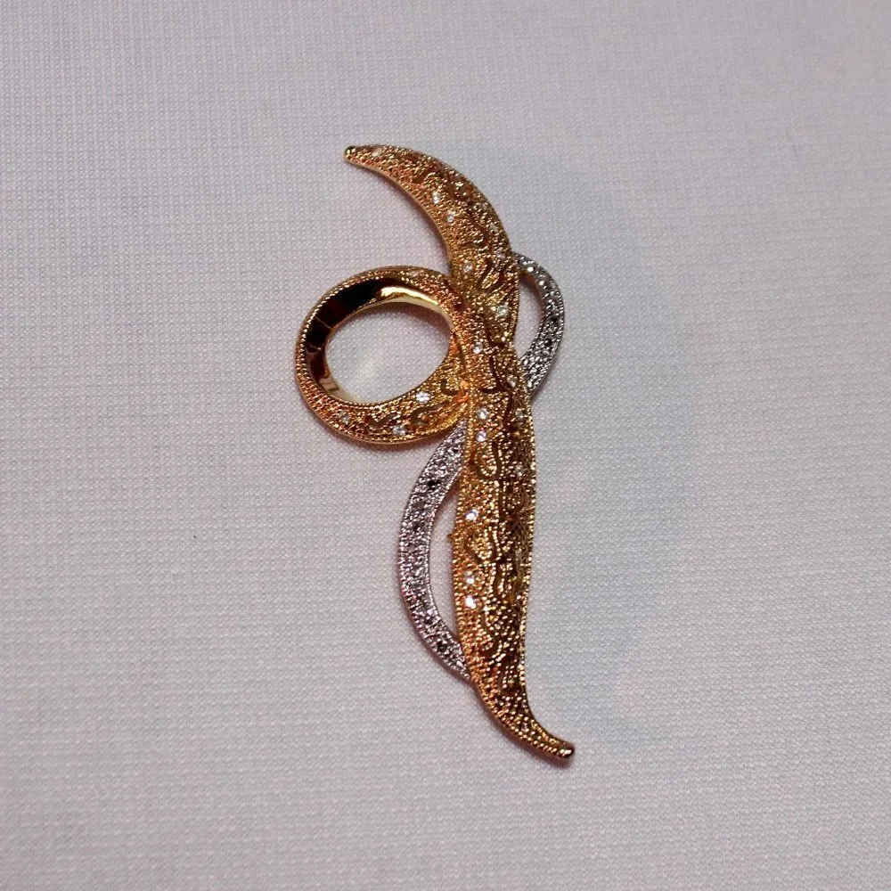 Avon Silver and Gold Tone Swirl Brooch with Rhinestones